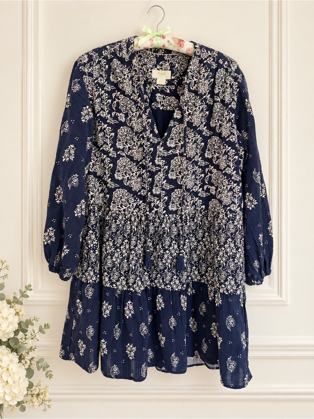 Maeve by Anthropologie Navy Floral Tiered Mini Dress – Small Petite